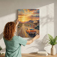 Summer Road Trip Wall Art, Route 66 Vintage Print, Retro American Highway Decor, Classic Car Sunset Poster