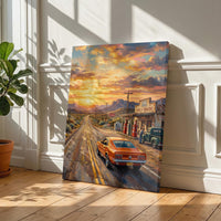 Summer Road Trip Wall Art, Route 66 Vintage Print, Retro American Highway Decor, Classic Car Sunset Poster