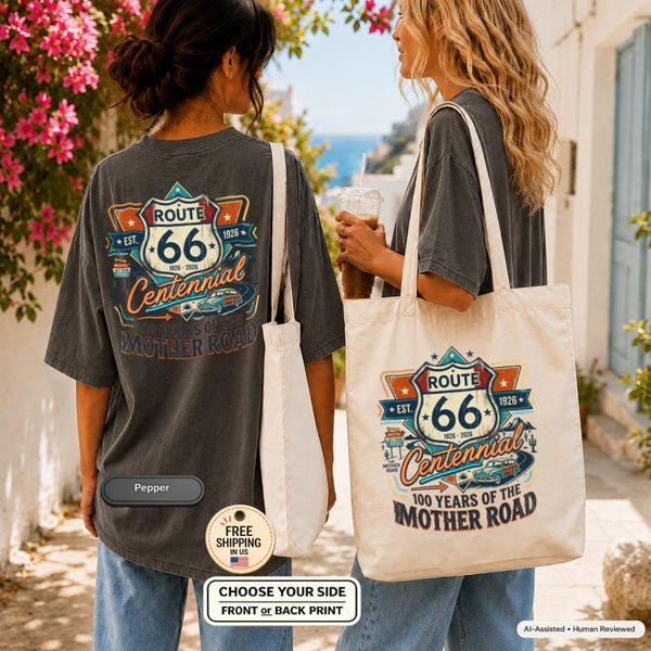 Route 66 Centennial Shirt and Tote Bag, 100 Years Of The Mother Road Gift, Historic Highway Road Trip Matching Set 2026