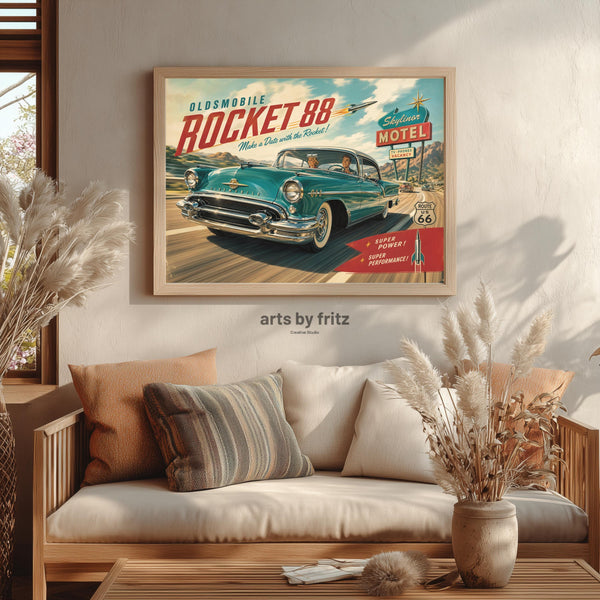 Oldsmobile Rocket 88 Route 66 Poster, Retro 50s Car Ad Wall Art, Vintage Americana Motel Decor, Classic Car Print, Digital Download