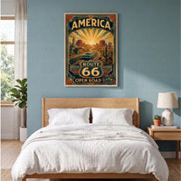Route 66 Travel Poster | Digital Download | USA 250 Americana Wall Art | Vintage Classic Car Print | Art Deco Road Trip | Desert Landscape