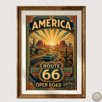 Route 66 Travel Poster | Digital Download | USA 250 Americana Wall Art | Vintage Classic Car Print | Art Deco Road Trip | Desert Landscape