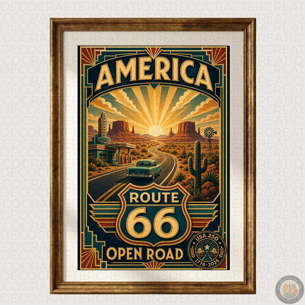 Route 66 Travel Poster | Digital Download | USA 250 Americana Wall Art | Vintage Classic Car Print | Art Deco Road Trip | Desert Landscape