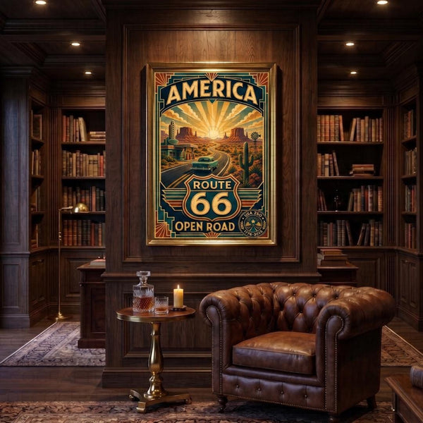 Route 66 Travel Poster | Digital Download | USA 250 Americana Wall Art | Vintage Classic Car Print | Art Deco Road Trip | Desert Landscape