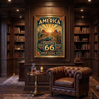 Route 66 Travel Poster | Digital Download | USA 250 Americana Wall Art | Vintage Classic Car Print | Art Deco Road Trip | Desert Landscape