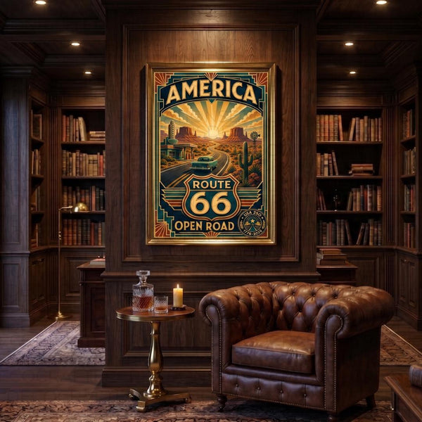 Route 66 Travel Poster | Digital Download | USA 250 Americana Wall Art | Vintage Classic Car Print | Art Deco Road Trip | Desert Landscape