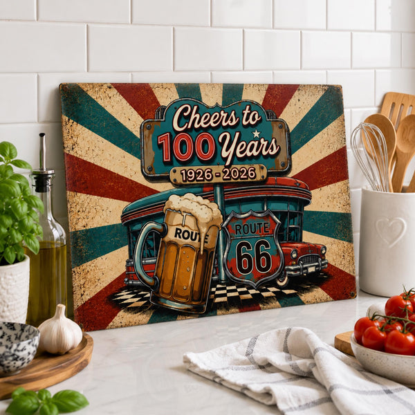Route 66 Glass Cutting Board Cheers To 100 Years 1926 2026 Vintage Americana Kitchen Decor Beer Lover Gift