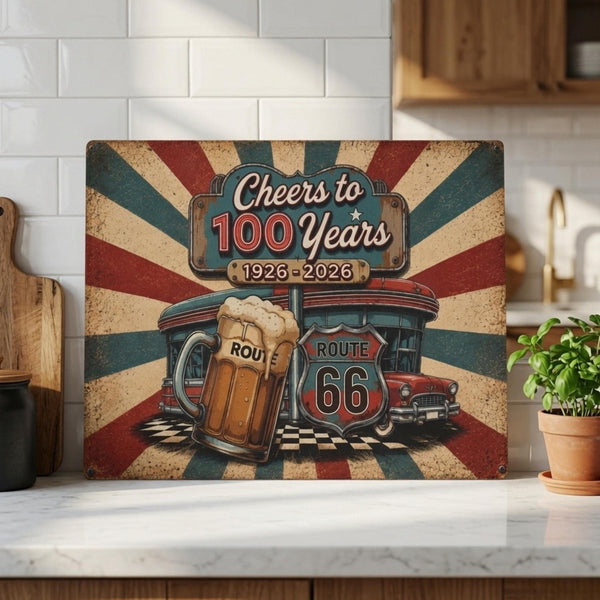 Route 66 Glass Cutting Board Cheers To 100 Years 1926 2026 Vintage Americana Kitchen Decor Beer Lover Gift