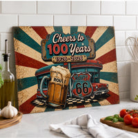 Route 66 Glass Cutting Board Cheers To 100 Years 1926 2026 Vintage Americana Kitchen Decor Beer Lover Gift