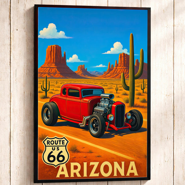 Route 66 Hot Rod Art Print: Vintage Arizona Travel Poster