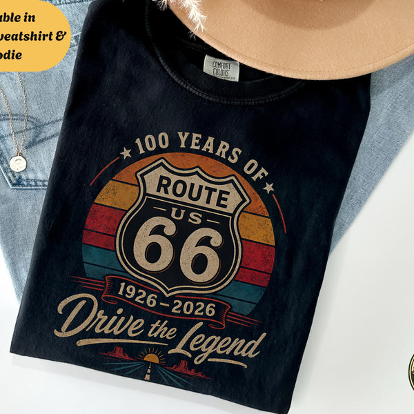 Retro Route 66 100th Anniversary Tee, 1926–2026 Centennial Sweatshirt, Americana Road Trip Hoodie