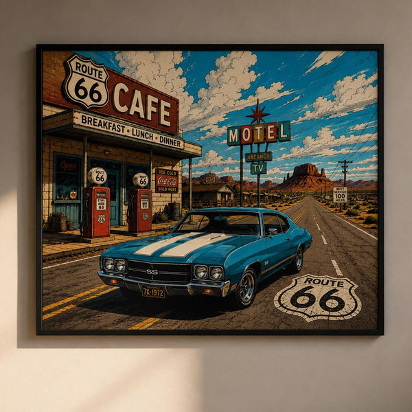 Route 66 Vintage Wall Art Printable, Retro Americana Car Poster, Classic Muscle Car Print, Desert Road Trip Decor, Instant Download