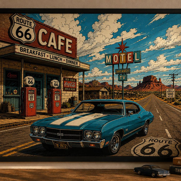 Route 66 Vintage Wall Art Printable, Retro Americana Car Poster, Classic Muscle Car Print, Desert Road Trip Decor, Instant Download