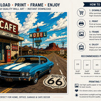 Route 66 Vintage Wall Art Printable, Retro Americana Car Poster, Classic Muscle Car Print, Desert Road Trip Decor, Instant Download