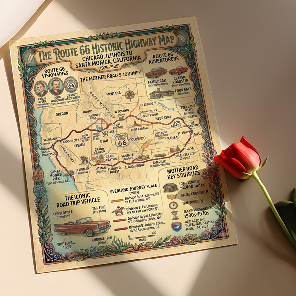 Route 66 Historic Highway Map, American Road Trip Wall Art