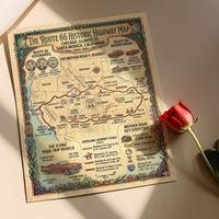 Route 66 Historic Highway Map, American Road Trip Wall Art