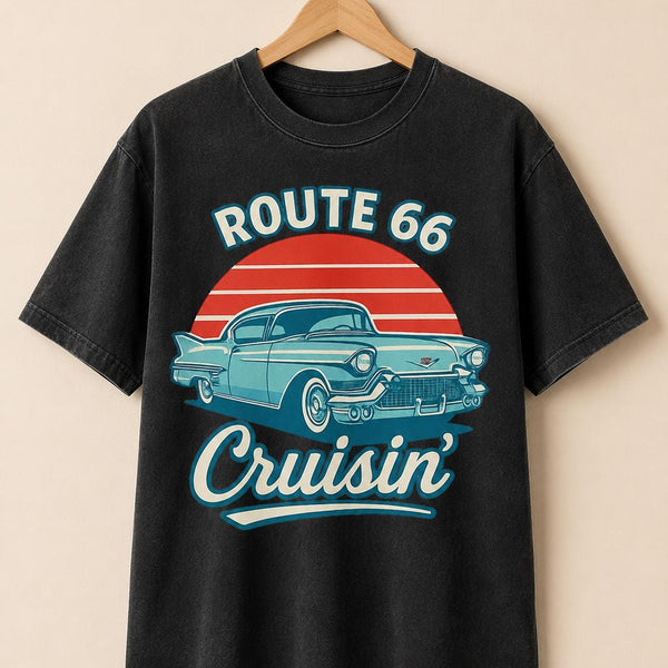 Route 66 Cruisin’ T-Shirt PNG | Vintage Classic Car Sunset Road Trip Design (Digital Download)