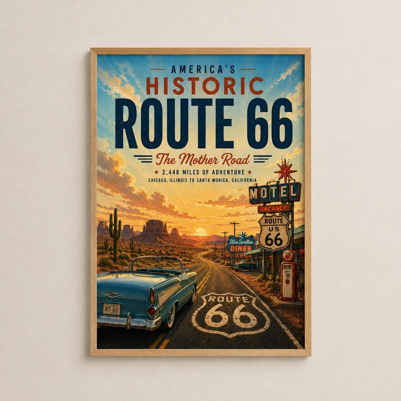 Historic Route 66 Travel Poster | Vintage Desert Landscape Print