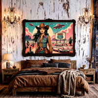Cowgirl Wall Art, Pink Alien Print, Retro Sci Fi Western Decor, Vintage Desert Poster, Route 66 Illustration Art, 1950s style Print