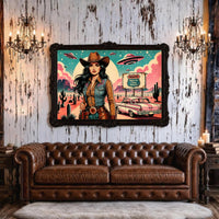Cowgirl Wall Art, Pink Alien Print, Retro Sci Fi Western Decor, Vintage Desert Poster, Route 66 Illustration Art, 1950s style Print