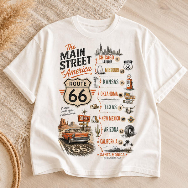 Route 66 Main Street Shirt, Vintage Route 66 Map Tee, Retro Road Trip Shirt, Santa Monica Travel T-Shirt, Americana Highway Graphic Tee