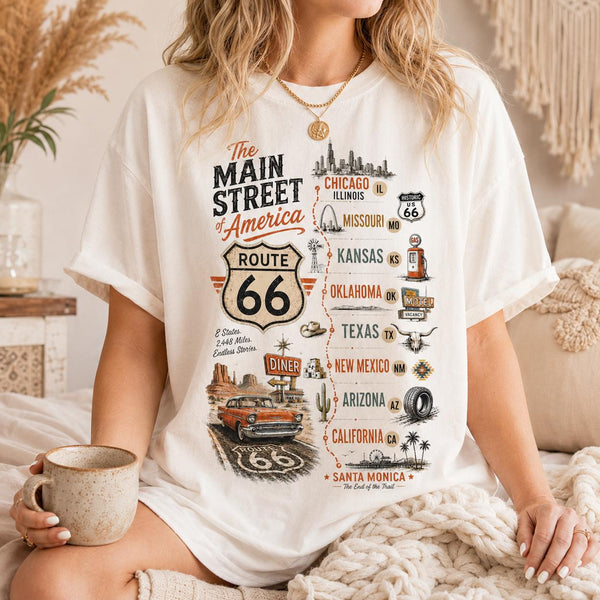 Route 66 Main Street Shirt, Vintage Route 66 Map Tee, Retro Road Trip Shirt, Santa Monica Travel T-Shirt, Americana Highway Graphic Tee