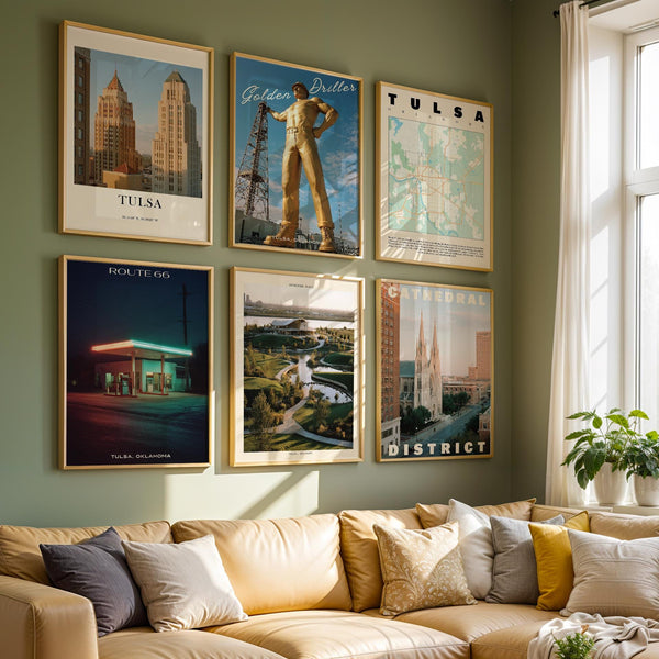 Tulsa Landmark Posters Set of 6 | Oklahoma Art Deco, Route 66, Golden Driller | Retro City Prints