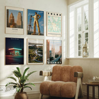 Tulsa Landmark Posters Set of 6 | Oklahoma Art Deco, Route 66, Golden Driller | Retro City Prints