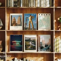 Tulsa Landmark Posters Set of 6 | Oklahoma Art Deco, Route 66, Golden Driller | Retro City Prints