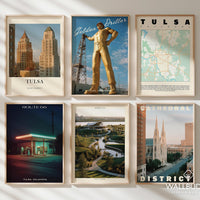Tulsa Landmark Posters Set of 6 | Oklahoma Art Deco, Route 66, Golden Driller | Retro City Prints