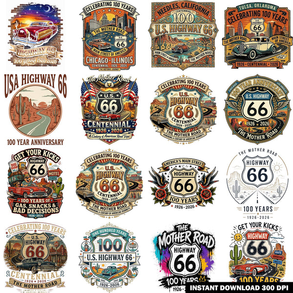 10+ Route 66 100th Anniversary Design Bundle, Retro Americana Highway Badges T-Shirts, Stickers, Posters, Sublimation – Commercial Use