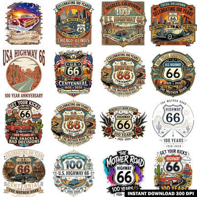 10+ Route 66 100th Anniversary Design Bundle, Retro Americana Highway Badges T-Shirts, Stickers, Posters, Sublimation – Commercial Use