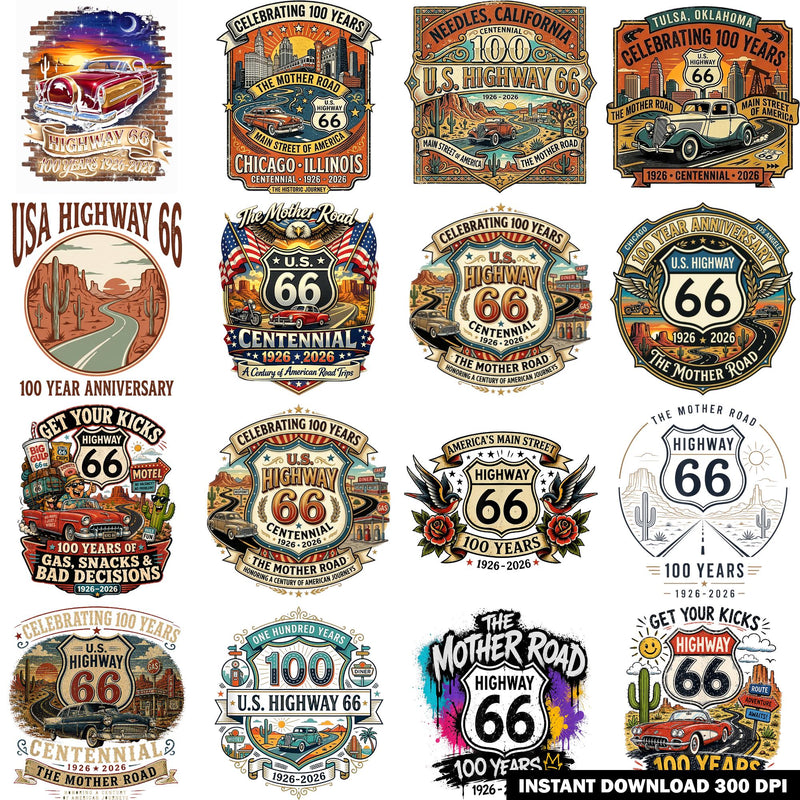 10+ Route 66 100th Anniversary Design Bundle, Retro Americana Highway Badges T-Shirts, Stickers, Posters, Sublimation – Commercial Use