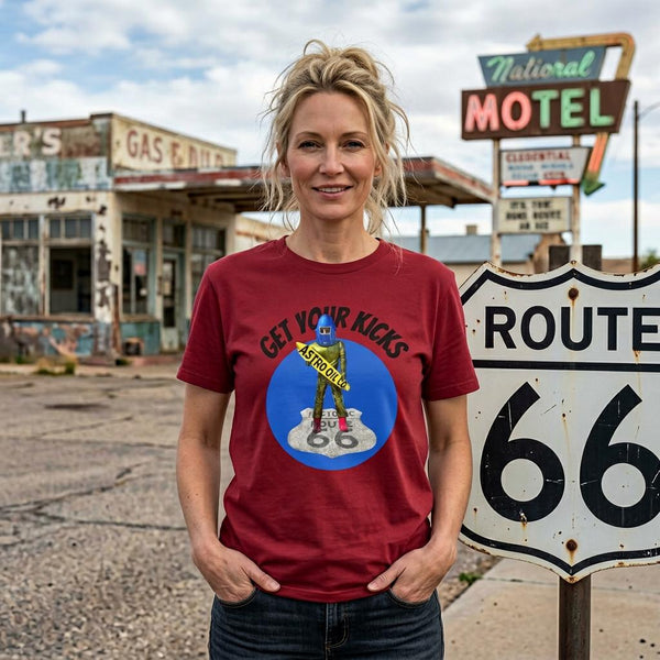 Get Your Kicks Muffler Men T-Shirt | Route 66 Astro Oil Man Graphic Tee | American Giant Collector Gift Tee
