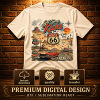 Route 66 Road Trip PNG, Get Your Kicks Mustang Tee, Arizona New Mexico Texas Highway Map, Retro Diner Graphic, Instant Download