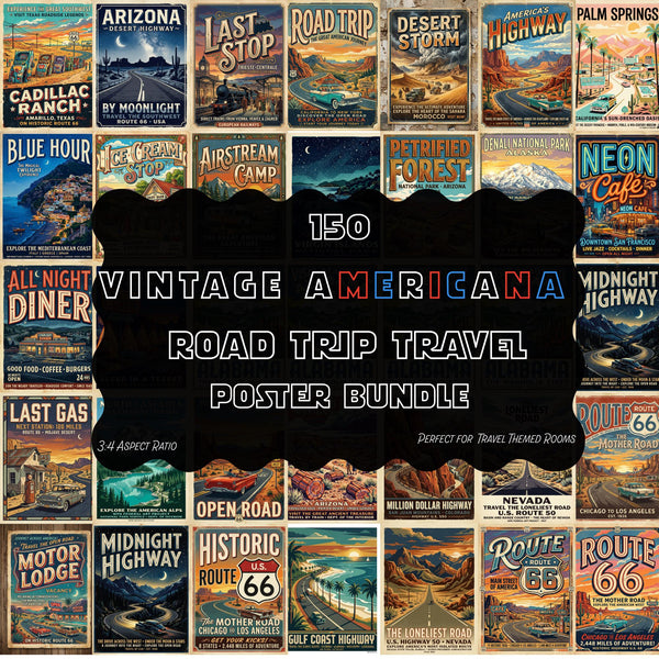 Route 66 Road Trip Travel Posters, 150 Vintage Americana Historic Highway Art Bundle