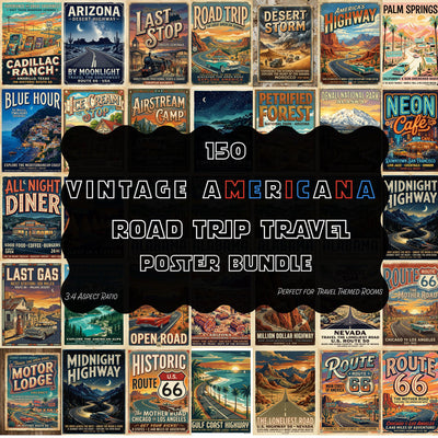 Route 66 Road Trip Travel Posters, 150 Vintage Americana Historic Highway Art Bundle