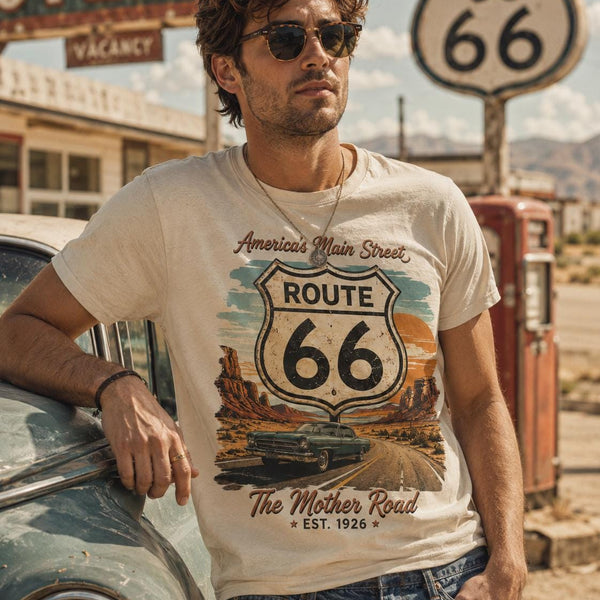 Route 66 Shirt, Vintage Main Street of America Tee, Retro Road Trip Graphic Shirt, Americana Travel T-Shirt, Classic Car Highway Gift
