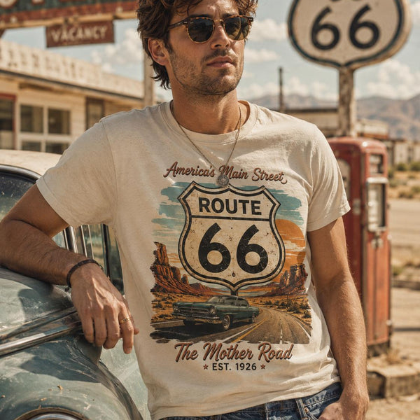 Route 66 Shirt, Vintage Main Street of America Tee, Retro Road Trip Graphic Shirt, Americana Travel T-Shirt, Classic Car Highway Gift