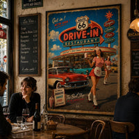 Route 66 Drive-In Restaurant Poster, Vintage Americana Wall Art, Retro Diner Print, Classic American Road Trip Decor