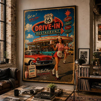 Route 66 Drive-In Restaurant Poster, Vintage Americana Wall Art, Retro Diner Print, Classic American Road Trip Decor