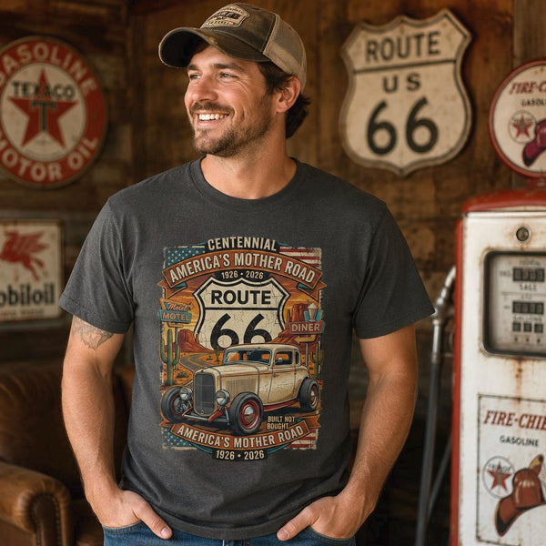 Route 66 Centennial Vintage Car T-Shirt | America's Mother Road 1926-2026