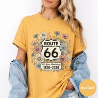Route 66 Floral 100 Years Anniversary Comfort Colors® T-Shirt, Vintage Wildflower Route 66 Gift, Retro Road Trip Graphic Tee, Women's Travel