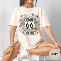 Route 66 Floral 100 Years Anniversary Comfort Colors® T-Shirt, Vintage Wildflower Route 66 Gift, Retro Road Trip Graphic Tee, Women's Travel
