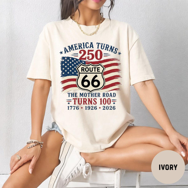Route 66 100 Years & America 250 T-Shirt, USA 250th Anniversary Gift, Historic Route 66 Centennial Graphic Tee, Patriotic Road Trip Shirt