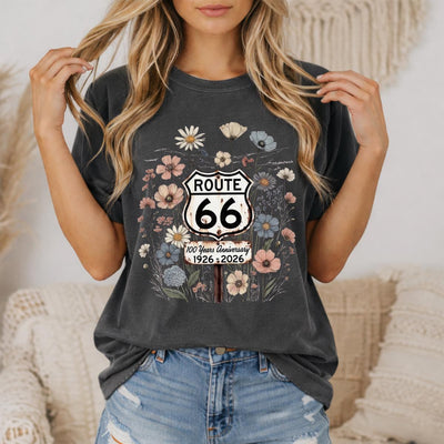Route 66 Floral Shield 100 Years T-shirt | 1926-2026 Mother Road