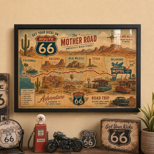 Route 66 The Mother Road Map Print, Vintage Americana Highway Poster, Southwest Desert Travel Wall Art, Retro Gas Station Road Trip Decor