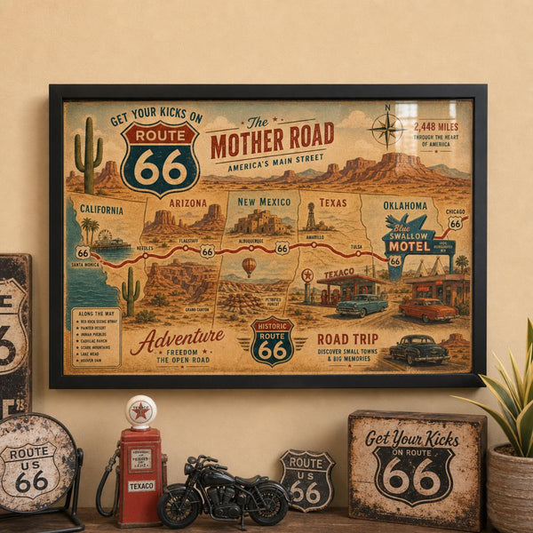 Route 66 The Mother Road Map Print, Vintage Americana Highway Poster, Southwest Desert Travel Wall Art, Retro Gas Station Road Trip Decor