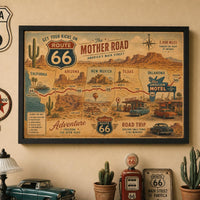 Route 66 The Mother Road Map Print, Vintage Americana Highway Poster, Southwest Desert Travel Wall Art, Retro Gas Station Road Trip Decor