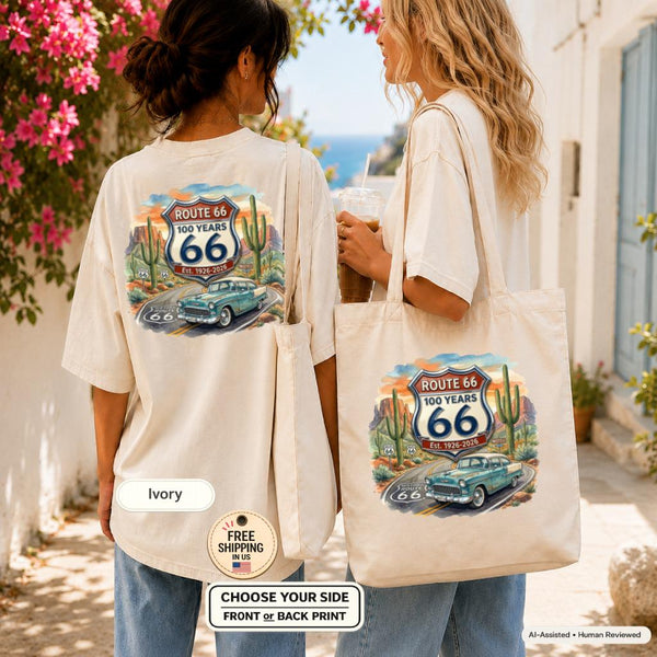 Route 66 100 Years Shirt and Tote Bag, Centennial 2026 Road Trip Gift, Historic Highway Americana Matching Set